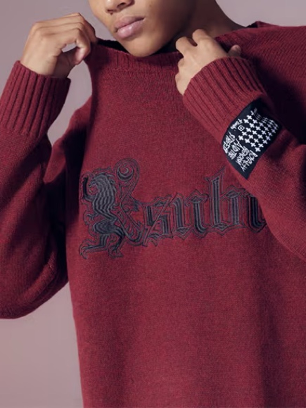 EUC Ksubi Red Royalty Knit Crewneck Sweater with Black Logo Patch - Size L